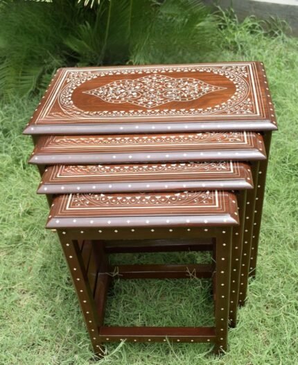Solid wood carved tea whole tea table With Metal Brass Work