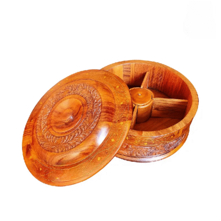 Round Shape Wooden Dry Fruit Box with 4 Portions